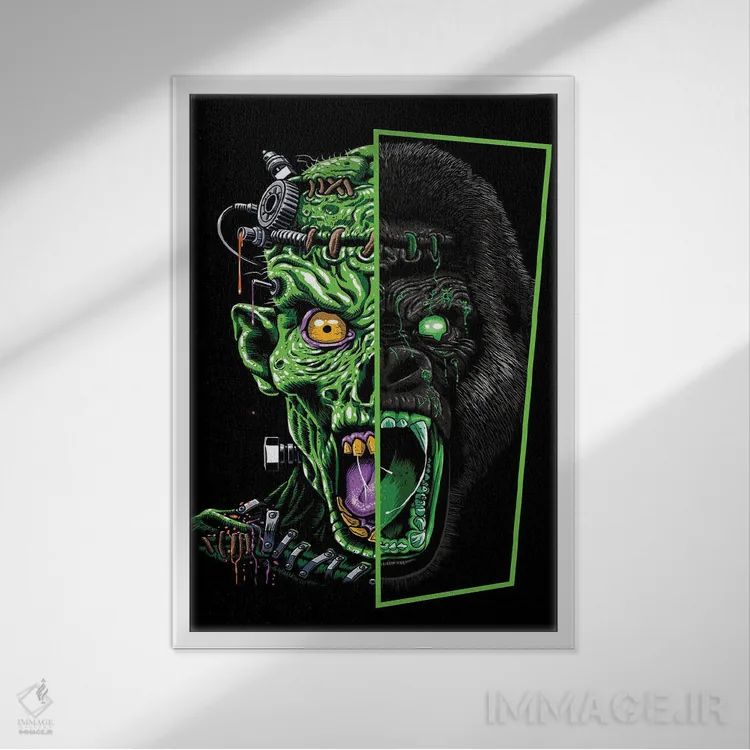 تابلو زامبی در برابر گوریل اثر آلبرتو پرز - نمای قابدار سفید