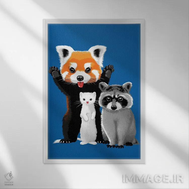 تابلو راکن، راسو و پاندای قرمز اثر آلبرتو پرز - نمای قابدار سفید