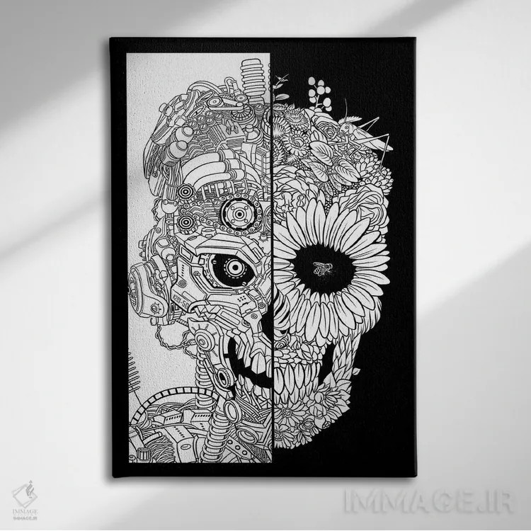 تابلو جمجمه مکانیکی گلدار اثر آلبرتو پرز - نمای روبهرو روی دیوار