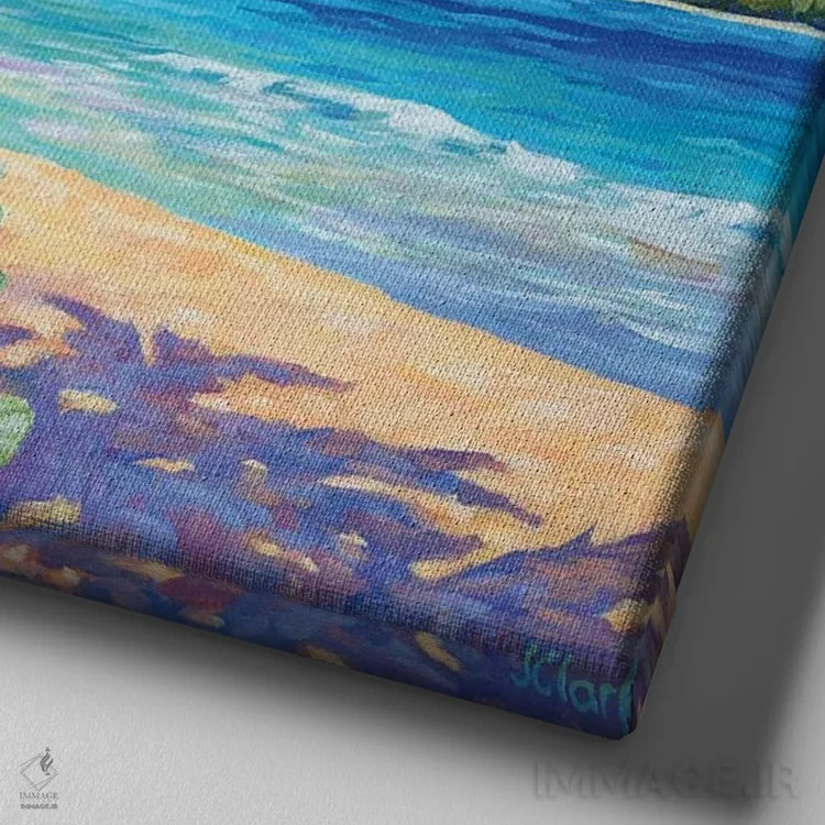 تابلو نخل تابخورده در ساحل ماکوآ اثر جان کلارک - نمای نزدیک بافت بوم