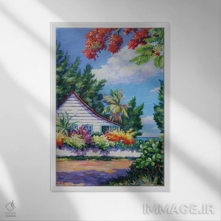 تابلو پوینسیانا و کلبه اثر جان کلارک - نمای قابدار سفید