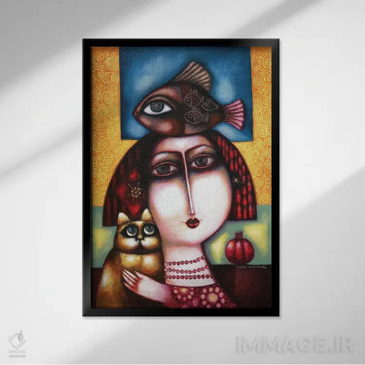 تابلو زن، گربه، ماهی و انار اثر آرت میرانو - نمای قابدار مشکی