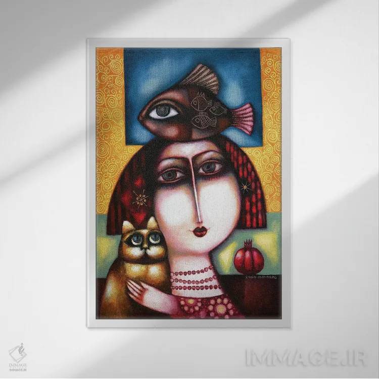 تابلو زن، گربه، ماهی و انار اثر آرت میرانو - نمای قابدار سفید