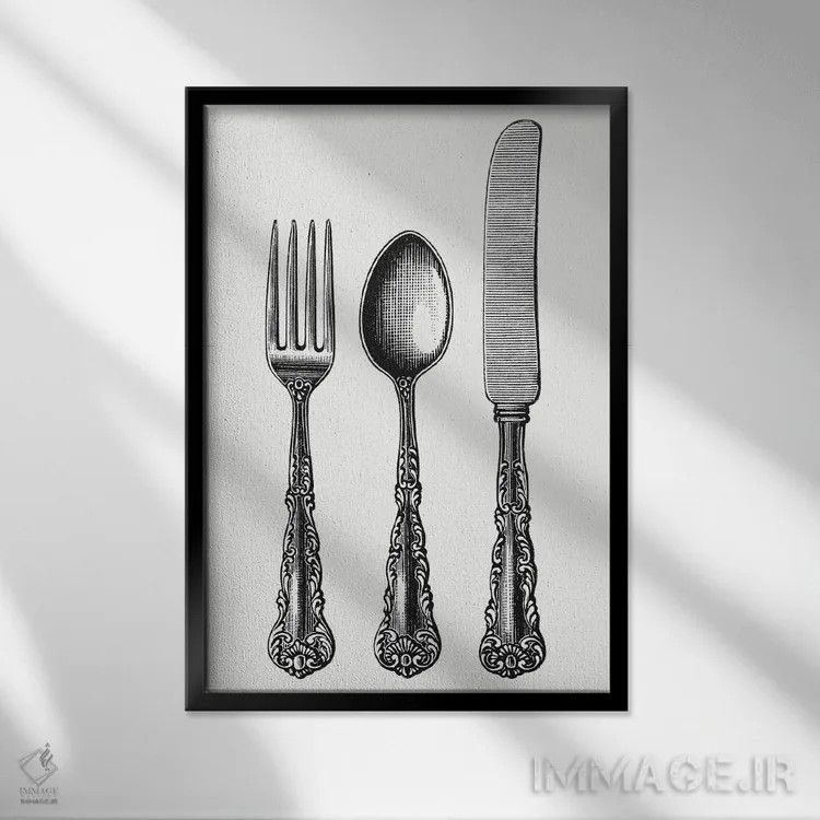تابلو قاشق و چنگال و کارد (سرویس غذاخوری) اثر آرت میرانو - نمای قابدار مشکی