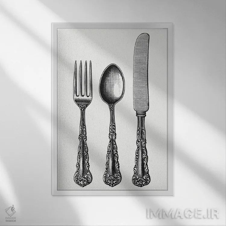 تابلو قاشق و چنگال و کارد (سرویس غذاخوری) اثر آرت میرانو - نمای قابدار سفید