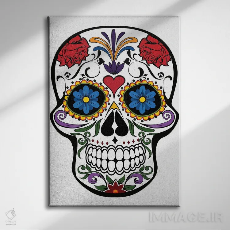 تابلو جمجمه با گلها اثر آرت میرانو - نمای روبهرو روی دیوار