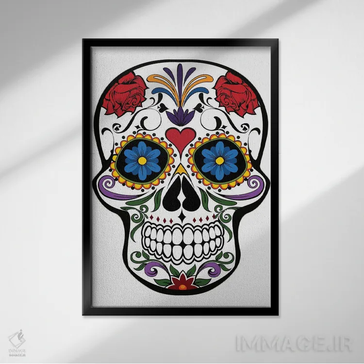 تابلو جمجمه با گلها اثر آرت میرانو - نمای قابدار مشکی