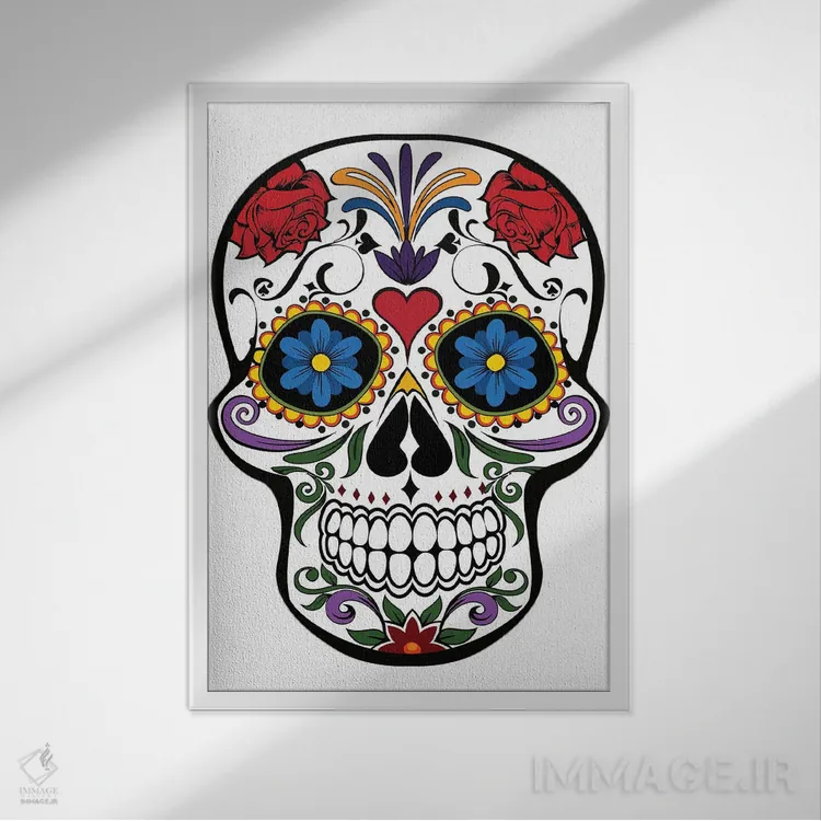 تابلو جمجمه با گلها اثر آرت میرانو - نمای قابدار سفید