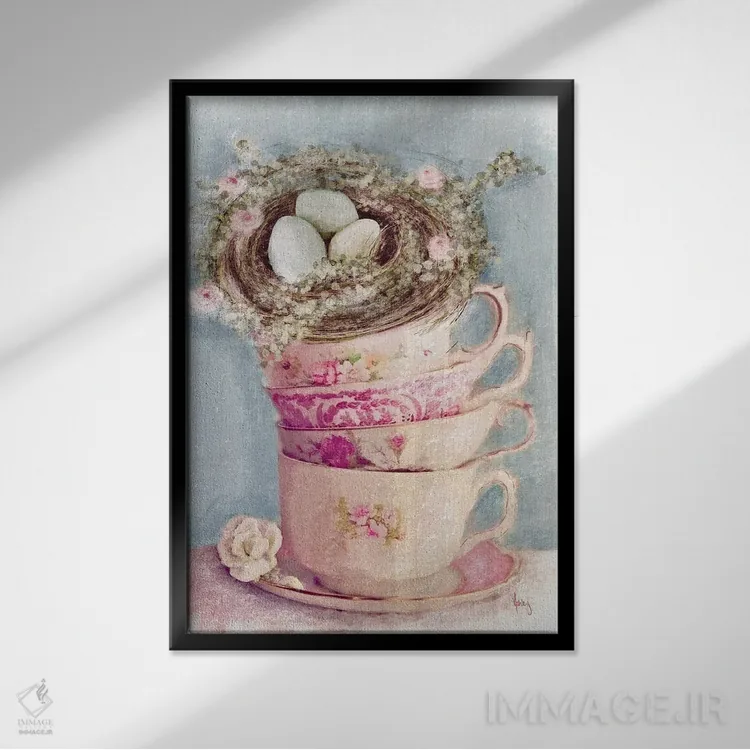 تابلو فنجانهای چای بهاری اثر اشلی بردلی - نمای قابدار مشکی