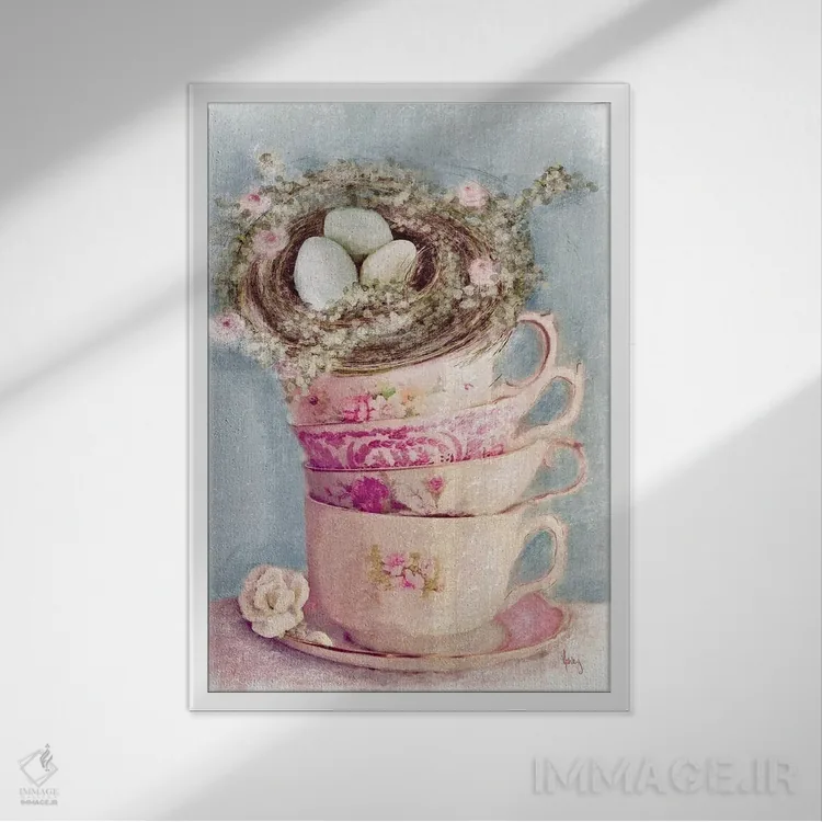 تابلو فنجانهای چای بهاری اثر اشلی بردلی - نمای قابدار سفید