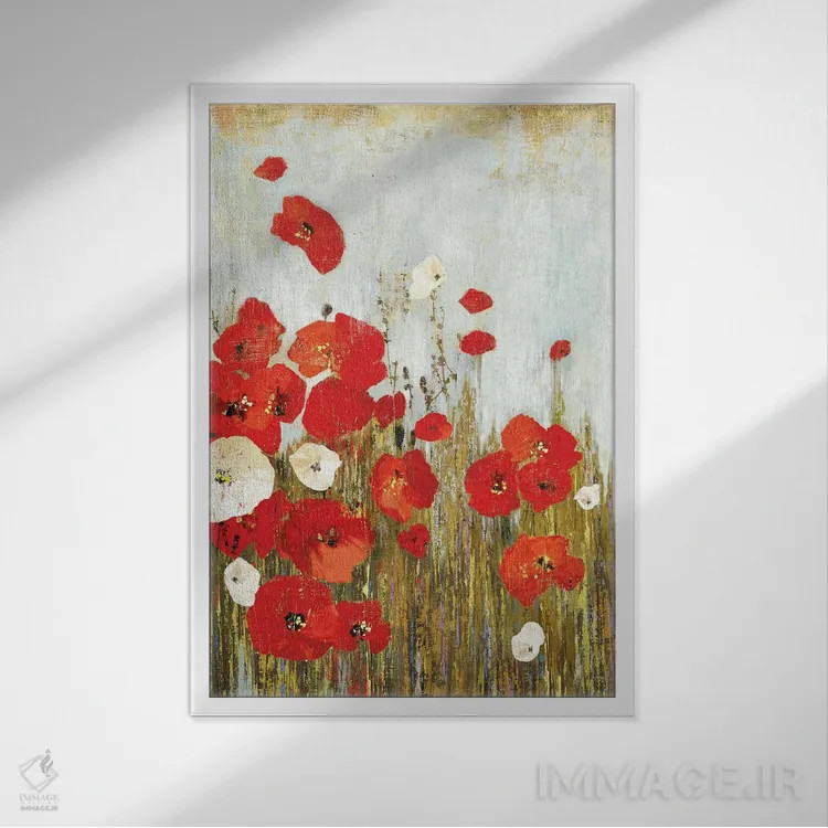 تابلو شقایقها در باد اثر آسیا جنسن - نمای قابدار سفید