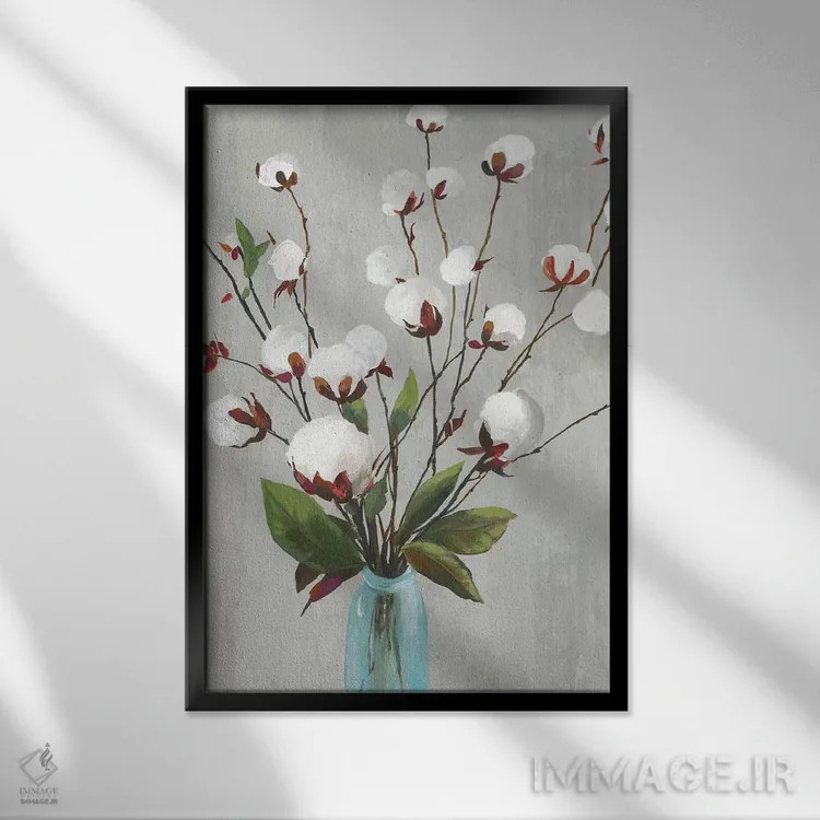 تابلو گلهای پنبهای II اثر آسیا جنسن - نمای قابدار مشکی