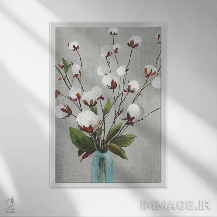 تابلو گلهای پنبهای II اثر آسیا جنسن - نمای قابدار سفید