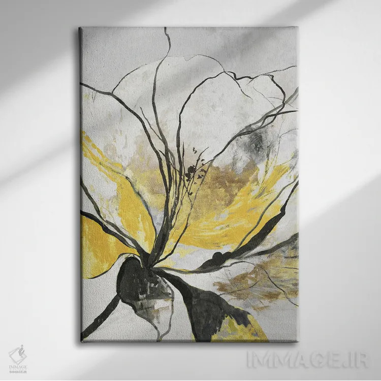 تابلو گل خطی I نسخه زرد اثر آسیا جنسن - نمای روبهرو روی دیوار