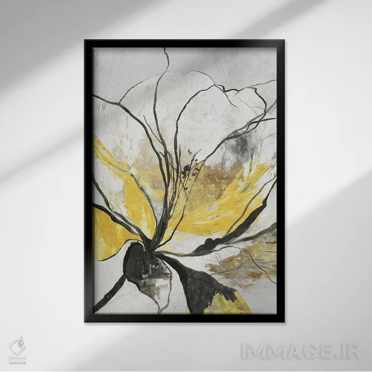 تابلو گل خطی I نسخه زرد اثر آسیا جنسن - نمای قابدار مشکی