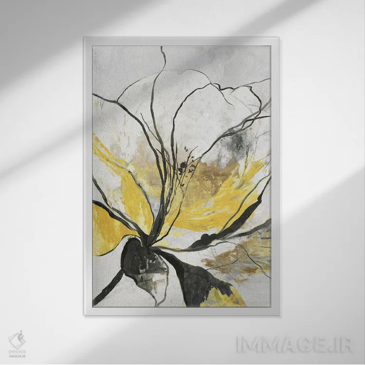 تابلو گل خطی I نسخه زرد اثر آسیا جنسن - نمای قابدار سفید