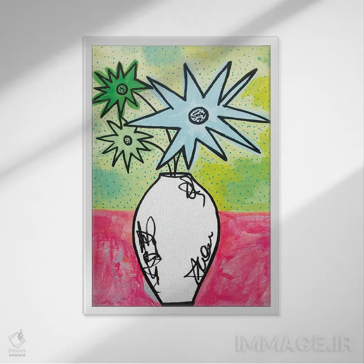 تابلو گلهای انتزاعی لیمویی اثر امی اسمیت - نمای قابدار سفید