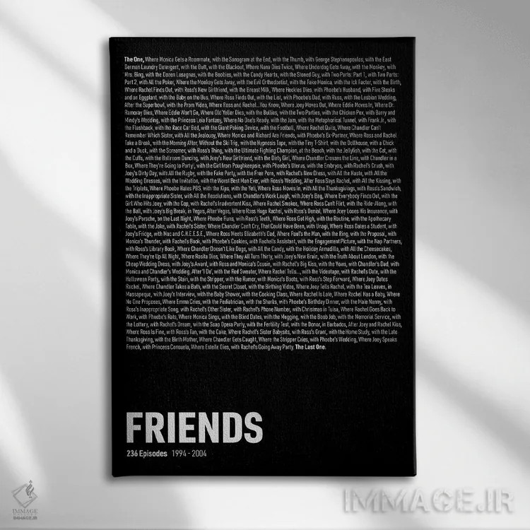 تابلو قسمتهای سریال دوستان (مشکی) اثر آویسیکس - نمای روبهرو روی دیوار
