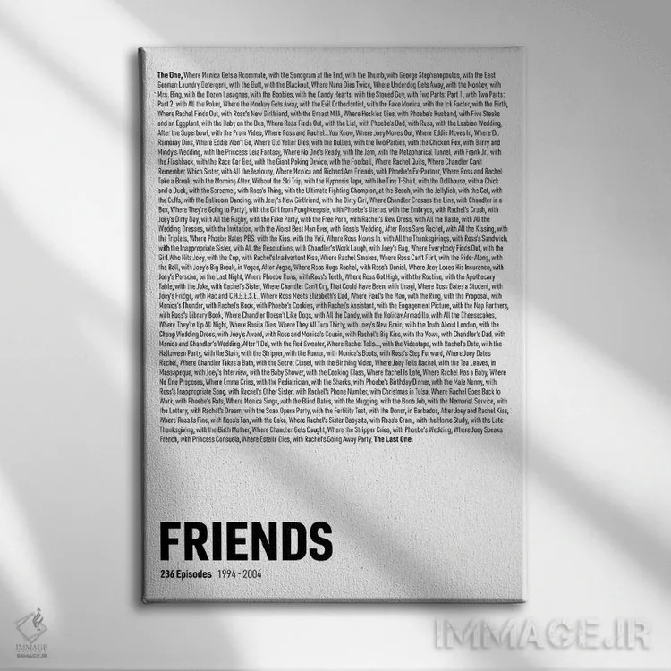 تابلو قسمتهای سریال دوستان (سفید) اثر آویسیکس - نمای روبهرو روی دیوار
