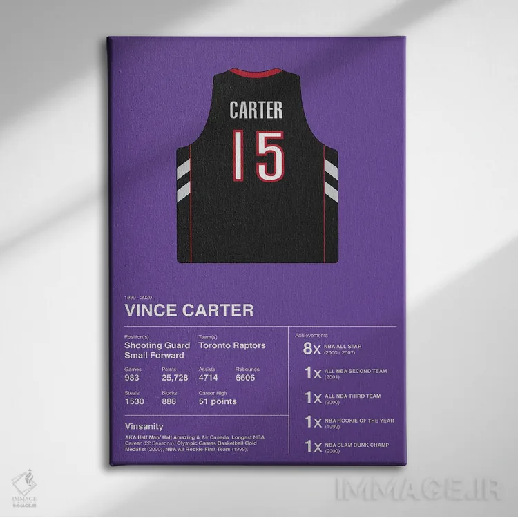 تابلو آمار حرفهای وینس کارتر (بسکتبال) اثر آویسیکس - نمای روبهرو روی دیوار