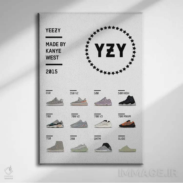 تابلو لیست کفشهای YZY (برند یزی) اثر آویسیکس - نمای روبهرو روی دیوار