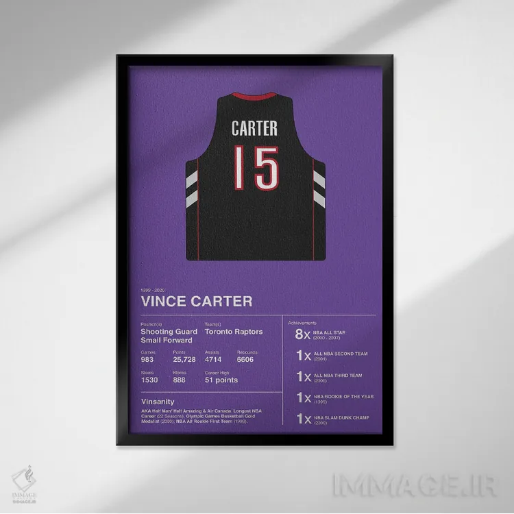 تابلو آمار حرفهای وینس کارتر (بسکتبال) اثر آویسیکس - نمای قابدار مشکی