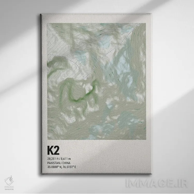 تابلو نقشه توپوگرافی کوه K2 اثر آویسیکس - نمای روبهرو روی دیوار