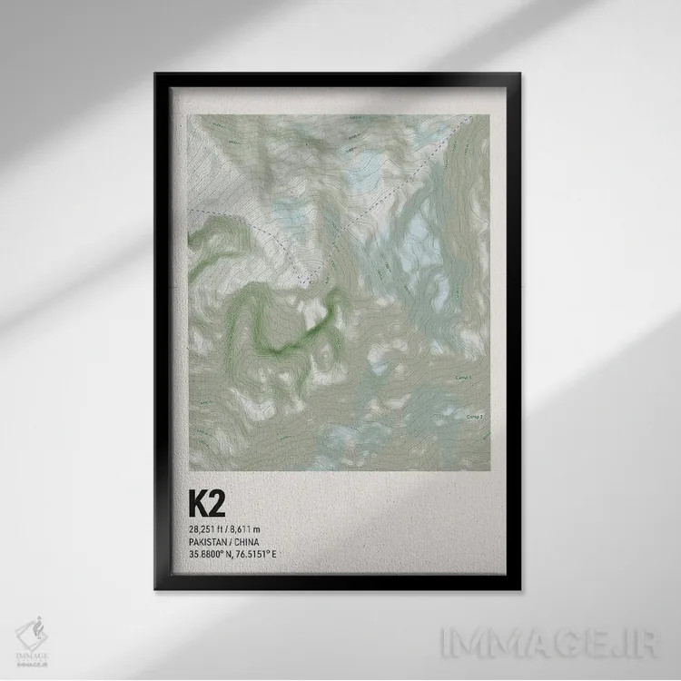 تابلو نقشه توپوگرافی کوه K2 اثر آویسیکس - نمای قابدار مشکی