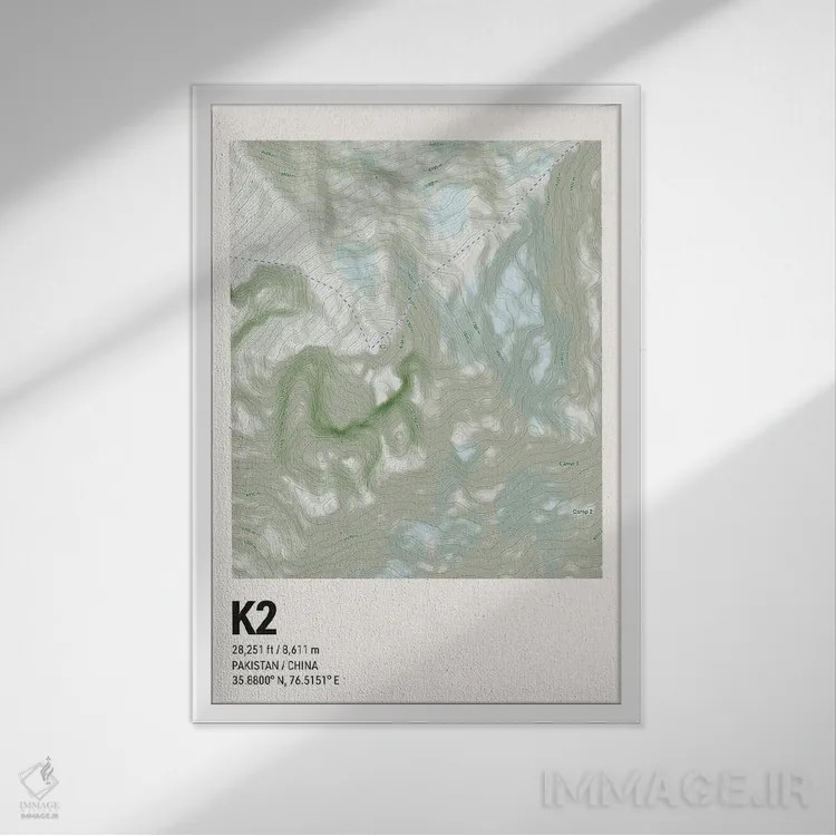 تابلو نقشه توپوگرافی کوه K2 اثر آویسیکس - نمای قابدار سفید