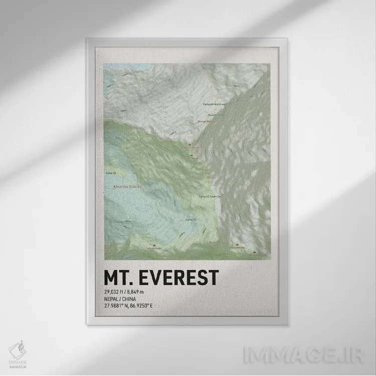 تابلو نقشه توپوگرافی کوه اورست اثر آویسیکس - نمای قابدار سفید