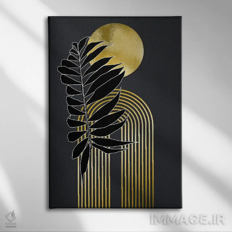 تابلو گیاهی هندسی طلایی و مشکی اثر آرسی بسی - نمای روبهرو روی دیوار