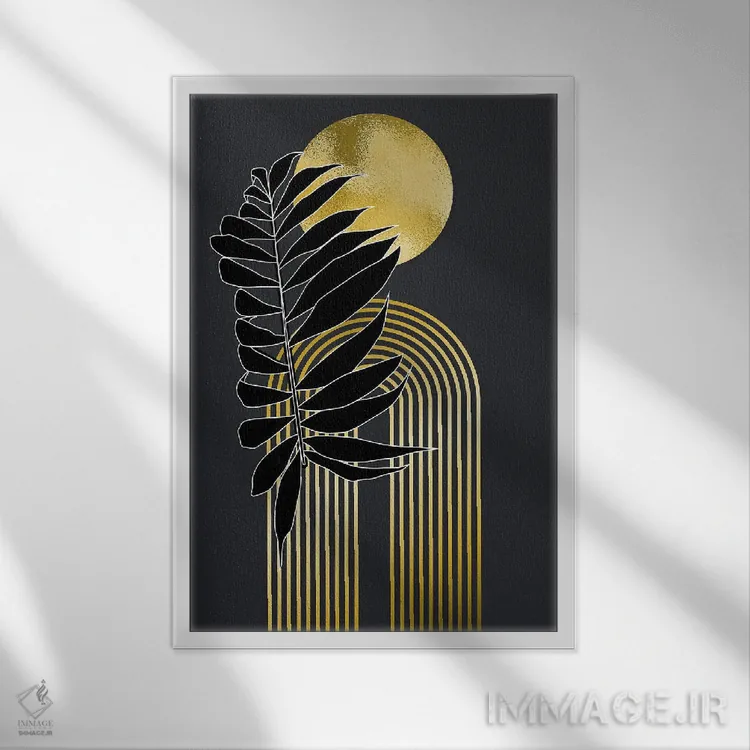 تابلو گیاهی هندسی طلایی و مشکی اثر آرسی بسی - نمای قابدار سفید