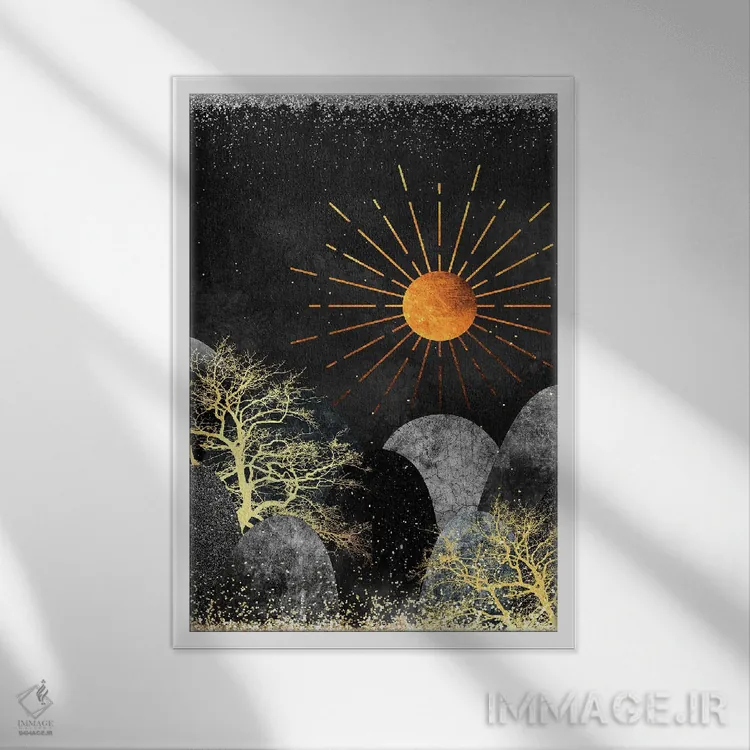 تابلو سنگریزههای اقیانوس و امواج طلایی اثر آرسی بسی - نمای قابدار سفید