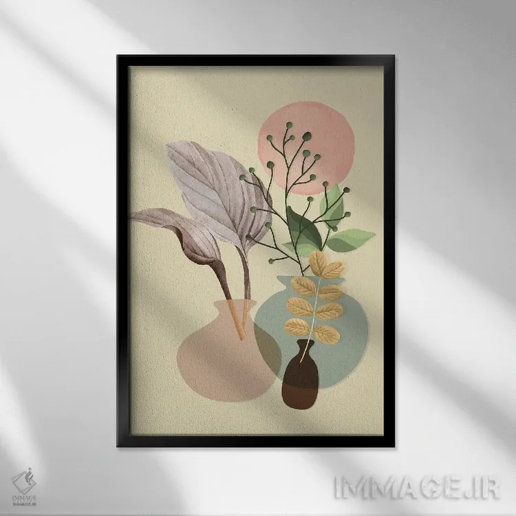 تابلو کوزههای سفالی و گیاهان آپارتمانی اثر آرسی بسی - نمای قابدار مشکی