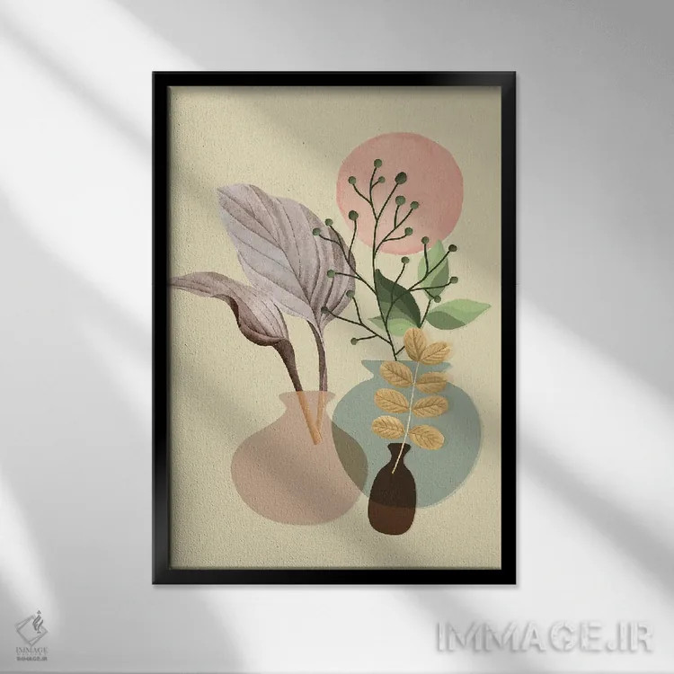 تابلو کوزههای سفالی و گیاهان آپارتمانی اثر آرسی بسی - نمای قابدار مشکی