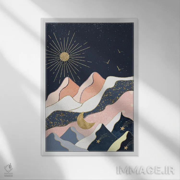 تابلو خورشید، ماه، ستارهها و کوهها اثر آرسی بسی - نمای قابدار سفید
