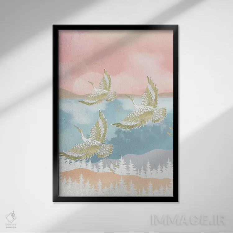 تابلو غروب و پرواز طلایی اثر آرسی بسی - نمای قابدار مشکی