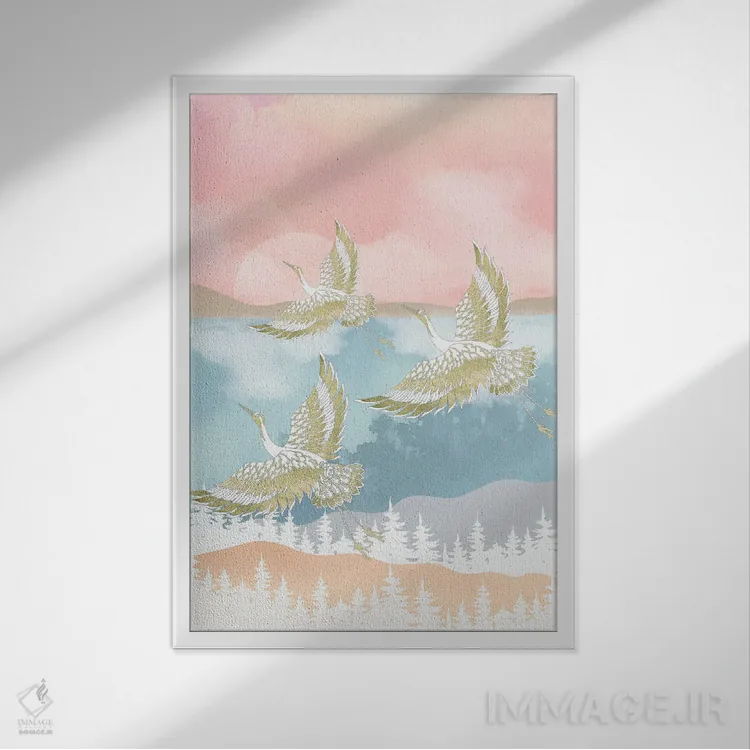 تابلو غروب و پرواز طلایی اثر آرسی بسی - نمای قابدار سفید