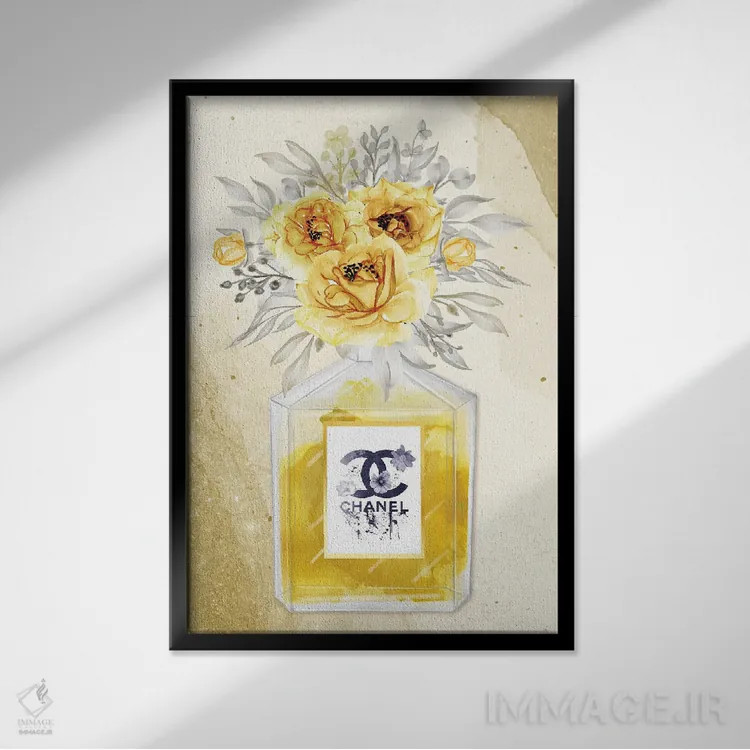 تابلو فرار شیرین: بطری عطر شنل اثر آرسی بسی - نمای قابدار مشکی