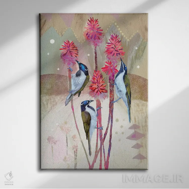 تابلو پرندگان شهدخوار بومی اثر امبر سامرست - نمای روبهرو روی دیوار