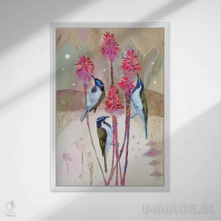 تابلو پرندگان شهدخوار بومی اثر امبر سامرست - نمای قابدار سفید