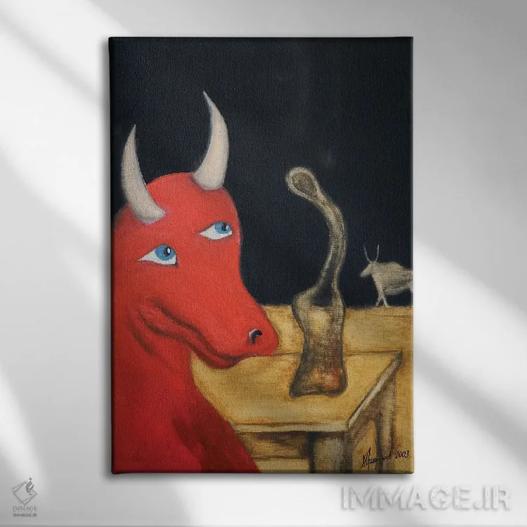 تابلو لبخند گاو قرمز اثر الکساندر تریفونوف - نمای روبهرو روی دیوار