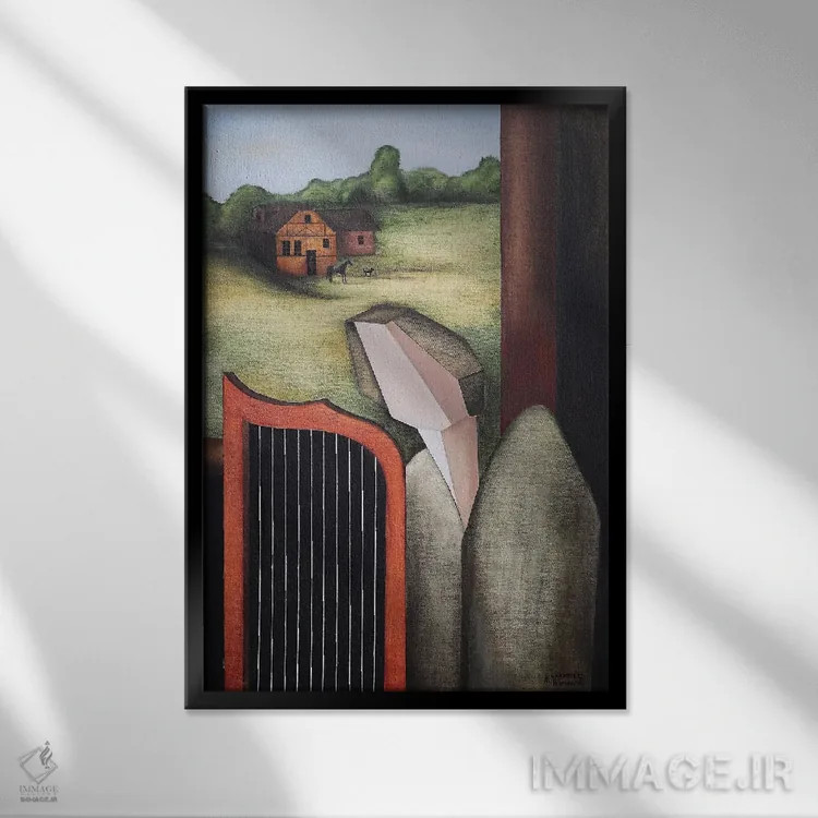 تابلو فرشتهای که کنار پنجره باز چنگ مینوازد اثر الکساندر تریفونوف - نمای قابدار مشکی