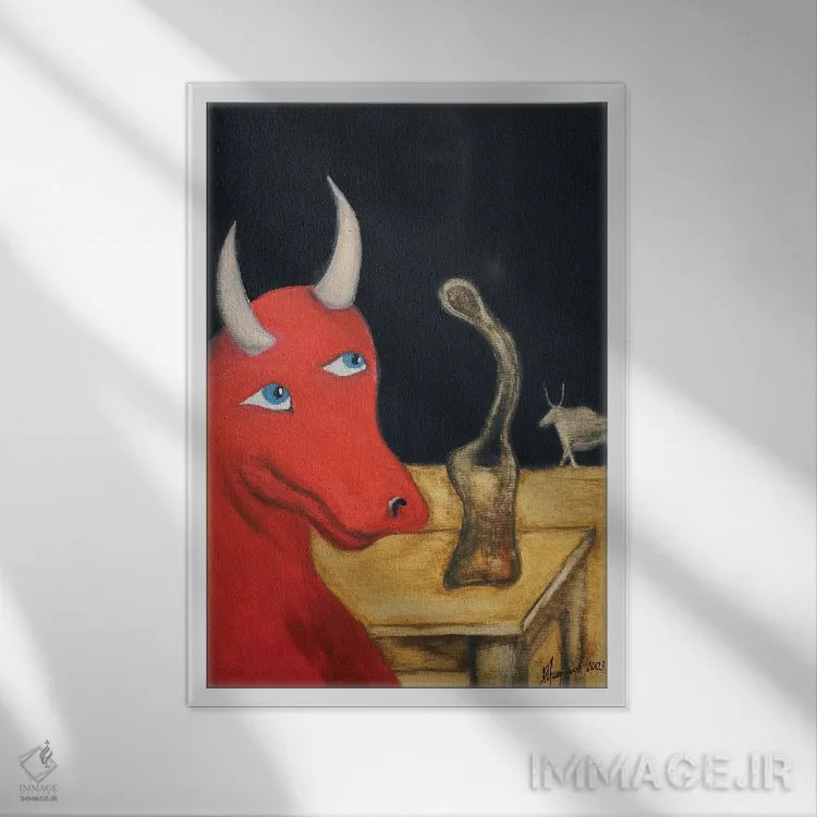 تابلو لبخند گاو قرمز اثر الکساندر تریفونوف - نمای قابدار سفید