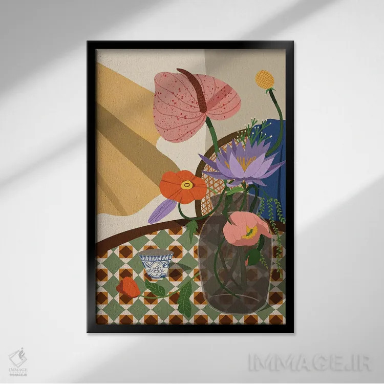 تابلو گلها روی میز غذاخوری اثر آرتی گوآوا - نمای قابدار مشکی