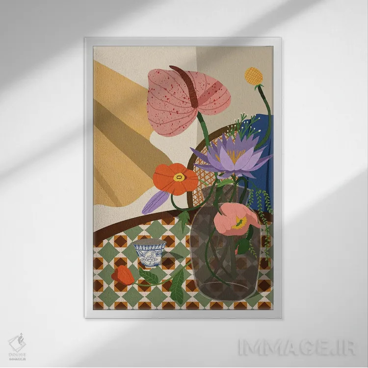 تابلو گلها روی میز غذاخوری اثر آرتی گوآوا - نمای قابدار سفید