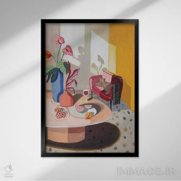 تابلو گربه روی مبل اثر آرتی گوآوا - نمای قابدار مشکی