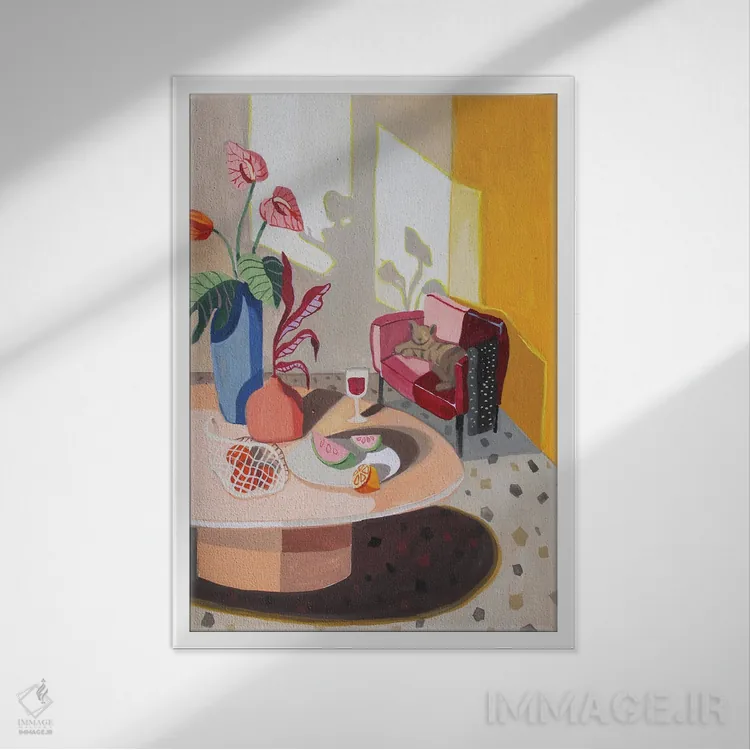 تابلو گربه روی مبل اثر آرتی گوآوا - نمای قابدار سفید