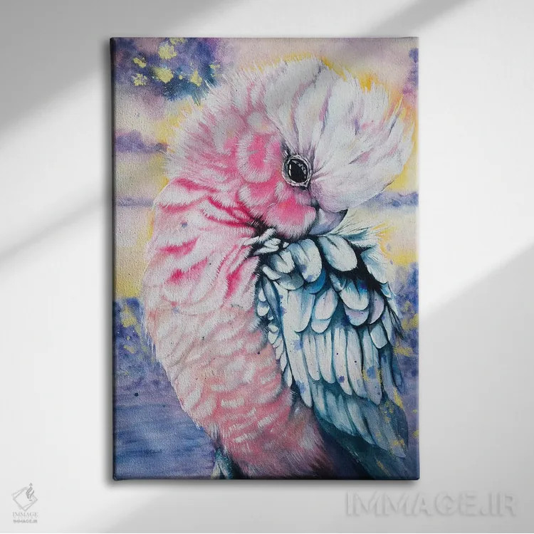 تابلو گالا صورتی آبرنگی (نوعی پرنده) اثر آنتوانل - نمای روبهرو روی دیوار