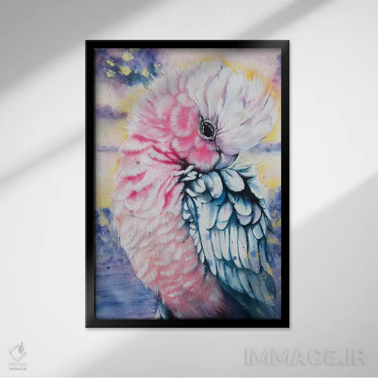 تابلو گالا صورتی آبرنگی (نوعی پرنده) اثر آنتوانل - نمای قابدار مشکی
